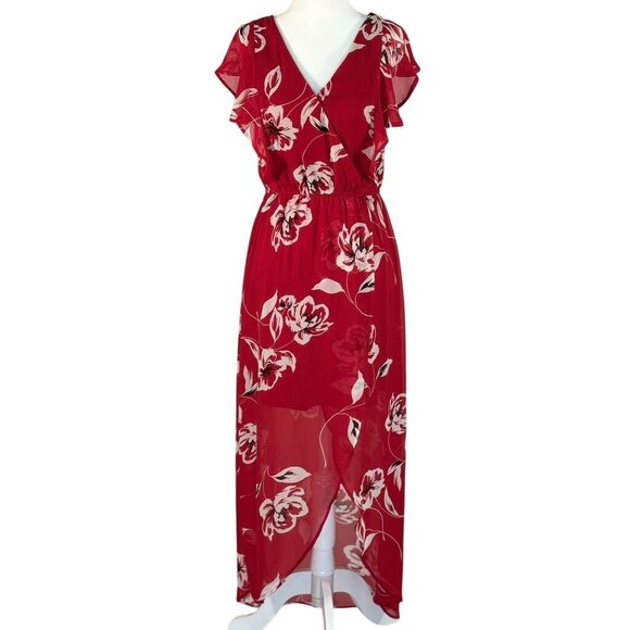 Maurices Dresses & Skirts - MauricesX-Small Womens Floral Wrap Dress Red White Ruffle Sleeve Maxi Sheer Over